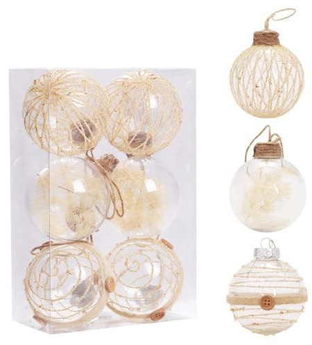 GLITZFAS Weihnachtskugel Set 6 Stück, 8 cm Klare Weihnachtskugeln aus Kunststoff Weihnachtsbaumschmuck Boho Beige Christbaumkugeln Hängende Christmas Decorations Ornamente (Beige A)
