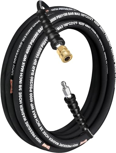 Tuyau flexible pour nettoyeur haute pression 3/8 avec gaine en caoutchouc, 25 pieds, avec raccord rapide rotatif, résistant aux pliures, 4000 PSI, qualité industrielle, renforcé en acier sans