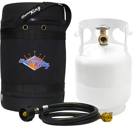Flame King Gas Hauler Kit - Insulated Protective Carry Case, 5LB Propane Tank and Adapter Hose for Camping and Outdoor Adventures, Black/White