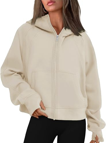 Timuspo Basic Sweatjacke Damen Kapuzenpullover mit Reissverschluss Zipper Hoodie Y2k Oberteile Sweatshirt Winterjacke Beige S