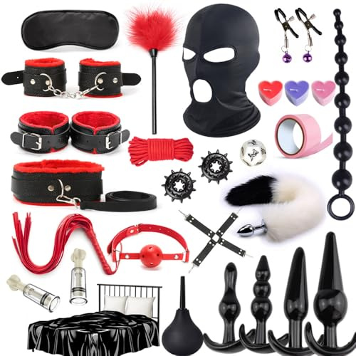 28 Pièces Kits de Bondage, SM Sex Toys Erotiques Set Adultes Toy pour Les Débutants, Érotiques Jouets Sexuels BDSM Anal Plug Menottes Masque Yeux Pour Sextape Draps sexy