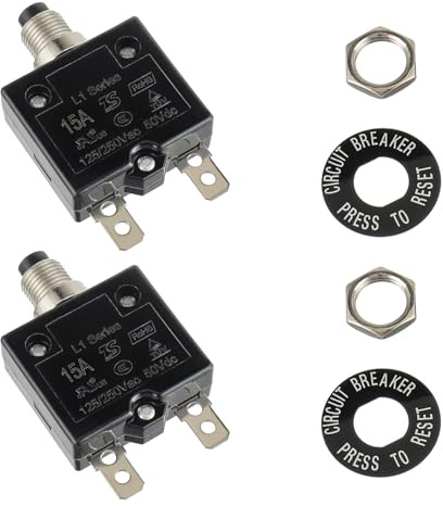 HUWREW 15 Amp Push Button Circuit Breaker 125-250V AC 50V DC L1 Series Manual Reset Thermal Circuit Breaker 15A Thermal Overload Protector (Pack of 2)