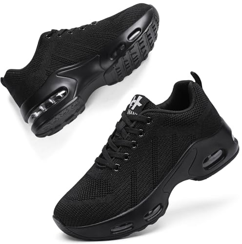 Womens Orthopedic Trainers Running Shoes Air Cushion Athletic Sports Lightweight Tennis Walking Sneakers Casual Mesh Breathable Ladies Fashion Plantar Fasciitis Jogging Shoes All Black UK 5.5