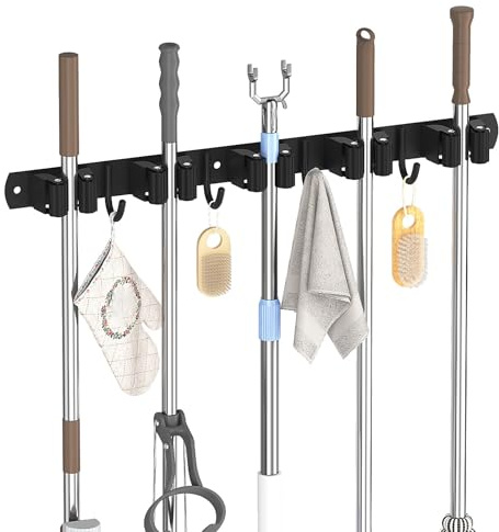Besenhalterung Wand, Gerätehalter Wandhalterung mit 5 Halter + 4 Haken Edelstahl Gerätehalter, Besenhalter Werkzeughalter Gartengerätehalter Organizer für Zuhause Küche Badezimmer Garage Gart