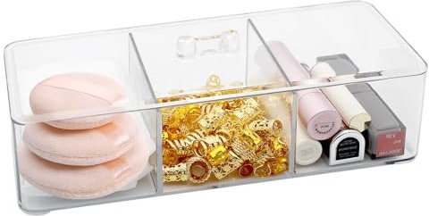 ZHIYUQL® Make Up Organizer Makeup Wattestäbchen Behälter 3 Fächer Wattepads Aufbewahrung mit Deckel Transparent Badezimmer Organizer für Bad Schminktisch Zubehör (23cm × 9,2cm × 6,5cm)