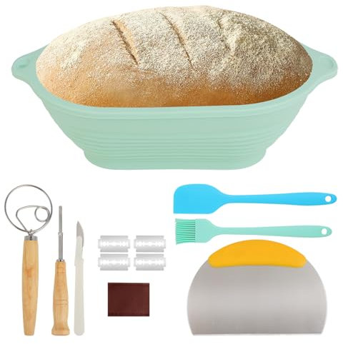 Cestino Lievitazione Pane in Silicone - Set 7 Pezzi per Panificazione (Termoresistente, Pieghevole) con Cestini per Lievitazione Pane Ovali, Spatola, Pennello - Accessori per Forno & Airfryer (verde)