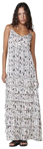Koroshi Vestido Largo con Tirantes Regulables, Escote Pico, Falda de Volantes y Cintura con Goma elástica Interior, Estampado Animal en Negro, de Color Black, Talla S