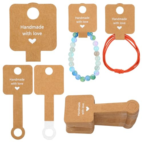 Exircy 100 Pcs Bracelet Display Cards, Handmade with Love Blank Self Adhesive Necklace Display Cards for Selling Jewelry, Bracelet, and Necklace