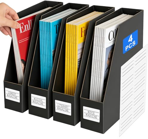 Stehsammler A4, 4 Stück Zeitschriftensammler, Schreibtisch Organizer aus 5-lagigem Schwarzem Kraftpapier mit Stützplatte und Etiketten für Zeitschriftenaufbewahrung, Dokumente und Büroorganisation