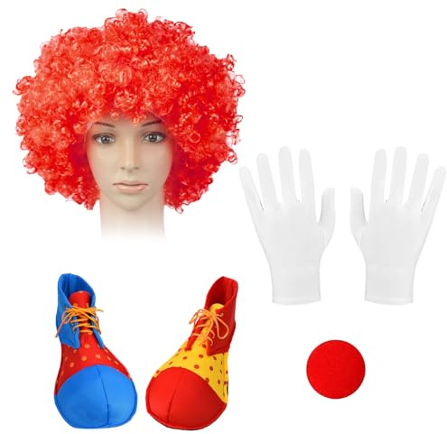 4 Pezzi Accessori Costume Clown, Costume da Pagliaccio Set per Adulti, Parrucca Riccia da Clown, Naso da Pagliaccio, Scarpe da Clown, Guanti Bianchi, per Halloween Cosplay Carnevale