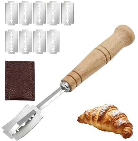 Zuahaly Cuchillo de Panadero Profesional para Corte y Decoración de Pan, Herramienta de Puntuación con 5 Cuchillas de Acero Inoxidable Reemplazables, Mango de Madera Ergonómico y Funda Protectora