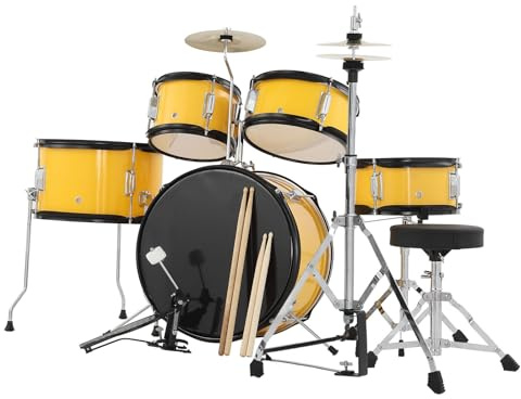 Children's 5-Piece Beginner Drum Kit, Complete Junior Percussion Set Including Snare, Cymbals, Drumsticks & Stool (Yellow)