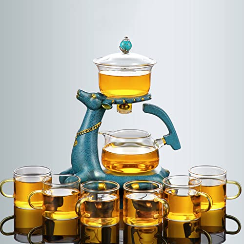 RORA Hitzebeständiges Kungfu Glas-Teeset mit Heizung, magnetisch, Wasserableitung, drehbare Abdeckung, Schüssel, faule halbautomatische Hirschglas-Teekanne (Teapot set)