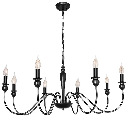 Lustre De Ferme Noir Mat Luminaire Plafond 8 Grands Lustres Industriels Rustiques Ø95cm Pour Salle À Manger Plafonnier Bougie Pour Salon Chambre Cuisine Îlot Foyer