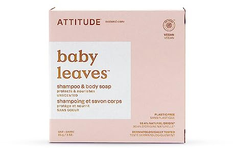 ATTITUDE Plastic-Free Baby Shampoo and Body Soap Bar, EWG Verified, Dermatologically Tested, Vegan, Unscented, 3 Ounces