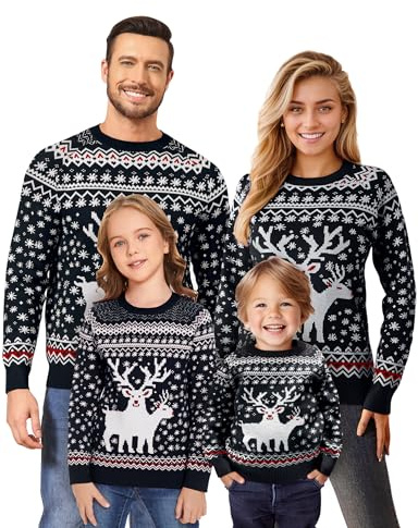 Namatime Jersey navideño para Mujer, Hombre y niño, Divertido, con Estampado de Reno, Jersey Feo de Navidad de Cuello Redondo, Unisex, Juego de suéteres para la Familia, Color Negro., XXL
