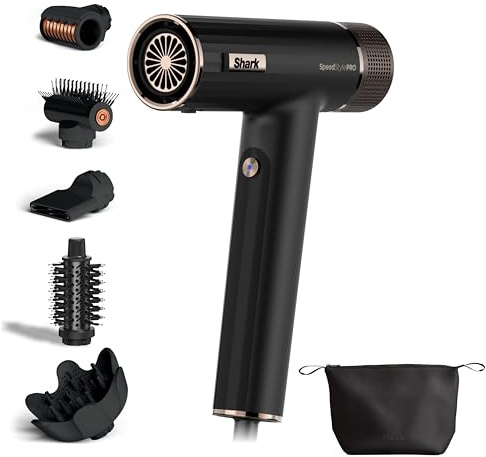Shark SpeedStyle Pro Hair Dryer, High Performance & Power for All Hair Types with Scalp Protection and 5 Attachments, Lightweight, No Heat Damage, Foldable Handle, Storage Bag, Black HD752EU