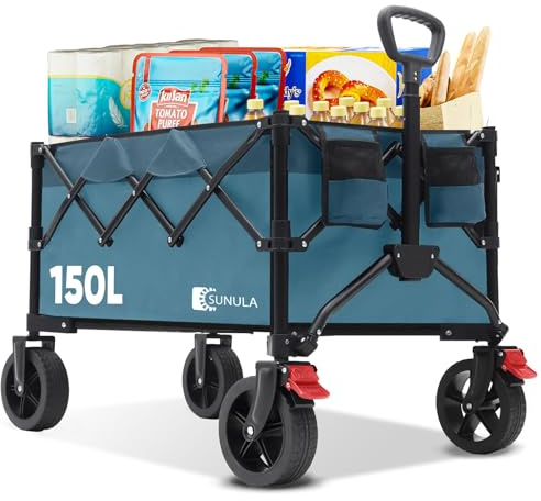 SUNULA Chariot Pliable de Plage 120KG Transport Repliable 4 Faces, poignée à déclic & Roues Tout-Terrain Freins 150L, Vert