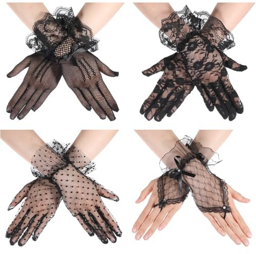 LLOUSSAK Spitzen Handschuhe, 4 Paar Netzhandschuhe Spitzen Schwarze kurze Damen Handschuhe mit Schleife für Hochzeitsessen 1980 Party Kostme Maskerade Zubehör