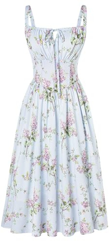 SCARLET DARKNESS Ladies Victorian Summer Dresses Tie Front Floral Midi A-Line Flowy Spring Dress for Beach Party Purple Bouquet XL