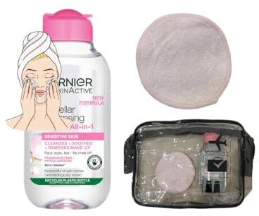 Micellar Cleansing Water Travel Set – Gentle Face Cleanser (100ml) with Travel bag & Reusable Makeup Remover Puff-Perfect for Sensitive Skin, Travel-Friendly Skincare
