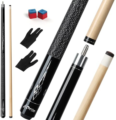Horse 58 19oz Pool Cue with Maple Shaft, 13mm Leather Tip, Black Billiard Stick with Laser Design & Wrapped Grip, Includes 2 Gloves & 2 Chalks, Beginner Billiard Pool Stick for Adult Home & Bar
