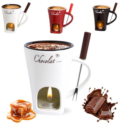 Chocolate Fondue Mug with Forks, 200ml Chocolate Fondue Melting Cup,Ceramic Chocolates Melting Cups Set,Melting Chocolates Love Cup for for Hot Chocolate,Cheese, Dip, Birthday Gift (Beige)