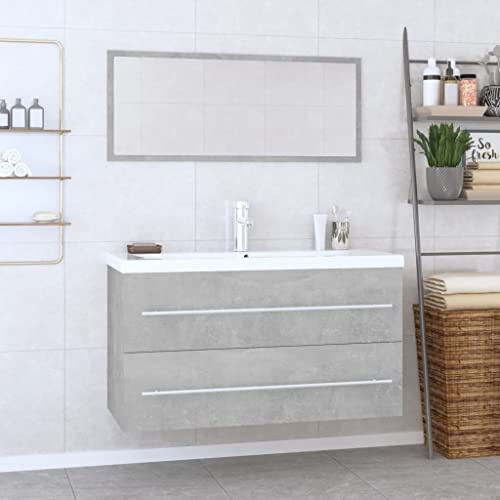 Holamys 3-TLG. Badrumsmöbelset betonggrått, tvättställsunderskåp med låda, spegel, keramiskt tvättställ, väggmontering, fuktbeständigt, modern design