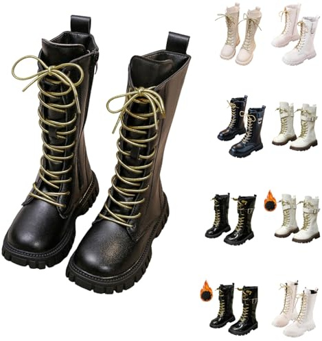 Botas de equitación para niña con forro polar, botas de equitación para niños y niñas, botas de equitación con cremallera lateral con cordones, botines antideslizantes, botas cálidas de otoño, E negro
