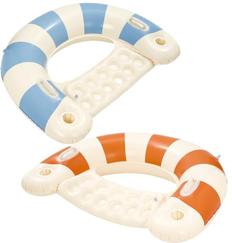 2 Pack Pool Chairs with Cup Holders-Inflatable Pool Floats for Adult,Blow up Floats Chair,Striped Pool Float Chairs for Relaxing Summer Water Fun Swimming Party Supplies (Blue and Orange)