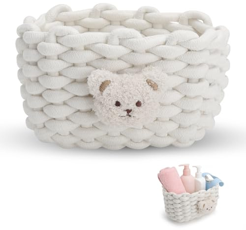 JYYWTSI Cesto portaoggetti intrecciato piccolo in cotone lavorato a maglia con motivo orso, bianco, per bagno, scrivania, toeletta, cestino per armadi, cestini, bagno