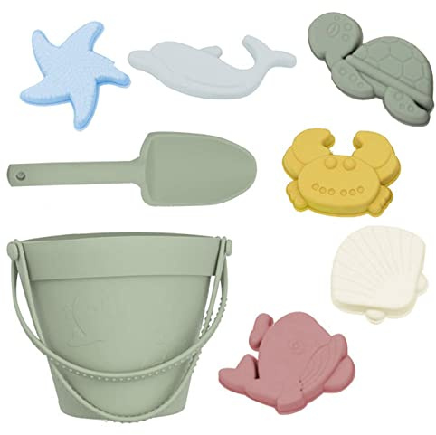 Joygoodta Set di 8 Giocattoli per la Sabbia, Secchiello da Spiaggia e Pala per Bambini Estivi, Strumenti di scavo per sabbiera in Silicone Sicuro per Genitori e Figli per Esterni, Verde Chiaro