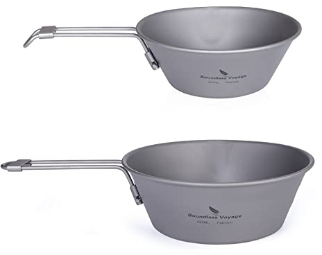iBasingo Cuenco de titanio de 300 ml/450 ml, ligero, para camping, cocina con mango plegable y boquilla antigoteo, duradero, para exteriores, senderismo, picnic, ti1089T
