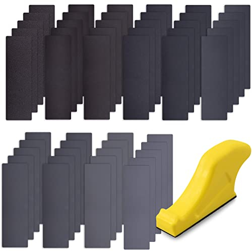 SIUQK 50 Piezas Papel de Lija al Agua con Bloque de Lijado Papel de Lija Rectangular Papel de Lija Seco/al Agua 120/180/240/320/400/800/1000/1200/2000/3000 Granos