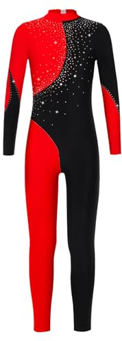Freebily Konstnärlig Träningsdräkt Flickor Strass Leotards Jumpsuit Heltäckande Träningsdräkt Klassisk Dans Modern Ballerina Yoga Ballettdräkter, Svart och röd, 13-14 år