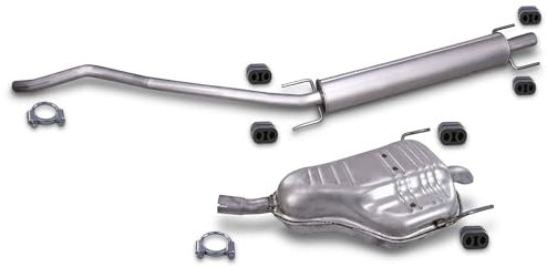 ATEC Germany Auspuff Schalldämpfer Set 1x Mittelschalldämpfer, 1x Endschalldämpfer, 6x Anschlagpuffer, 1x Bügelschelle Ø 50 mm, 1x Bügelschelle Ø 54 mm Kompatibel mit OPEL ASTRA H Caravan (A04)