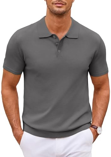 COOFANDY Mens Knitted Short Sleeve Poloshirt Regular Fit Summer Casual Polo Shirts Basic T-Shirt Dark Gray XXL