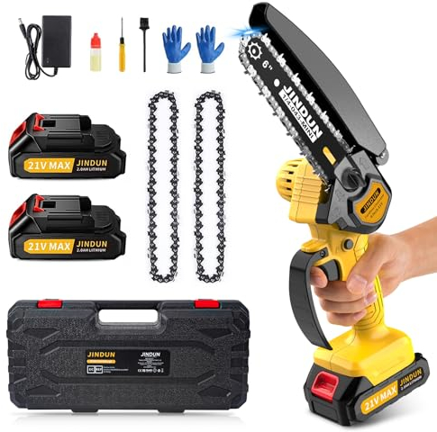 Mini Kettensäge mit Akku, JINDUN, 6 Zoll Elektrische Tragbar Mit Zwei Stück & Schnell Ladegerät, Elektro Kettensäge für Gartenscheren Astschere Holzschneiden