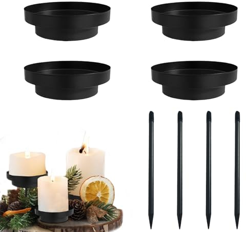 4set Kerzenhalter Adventskranz Schwarz,2 In1 Kerzenhalter Stabkerze Kerzenteller Metall,Kerzenhalter 8cm Abnehmbar Kerzenstecker,Stabkerzenhalter Schwarz Candle Holder, FüR Adventskranz Teller