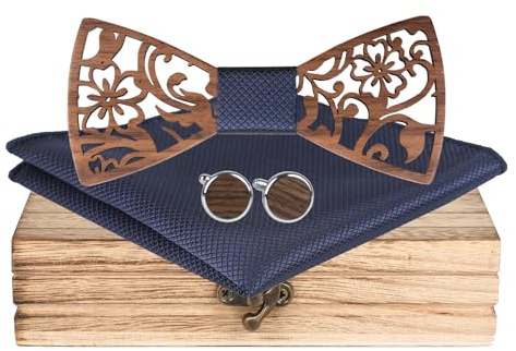Mr.Van Noeud Papillon Bois les hommes, Naturel Noir Noyer Creux Sculpture Fleurs, Coffret en Bois (comprenant Boutons de Manchette,Mouchoir et Noeud papillon) pour Groomsman de Mariage Business
