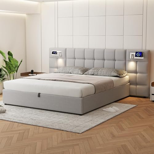 Kayan Polsterbett 180x200cm, Boxspringbett mit hydraulisches Bettkasten, Bett mit Lattenrost, Leselicht mit USB und Drahtloses Aufladen Kopfteil, Stauraumbett Doppelbett Jugendbett, PU (Grau)