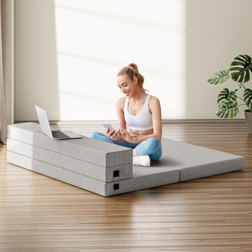 ONBRILL 4 Inch Folding Mattress Queen, Firm Portable Mattress Topper, Foldable Sofa Bed, Memory Foam Topper with Storage Bag, Washable Cover & Handle Design, Indoor/Outdoor Use for Camp, RV, Gray
