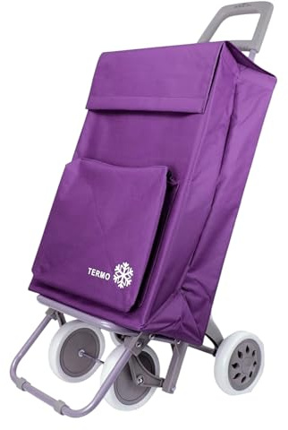 Carro de la Compra Plegable con Bolsa Térmica 4 Ruedas para Subir Escaleras, Carrito del Mercado, Bolsa Impermeable isotérmica de 46L litros. Porta Paraguas. (Morado)