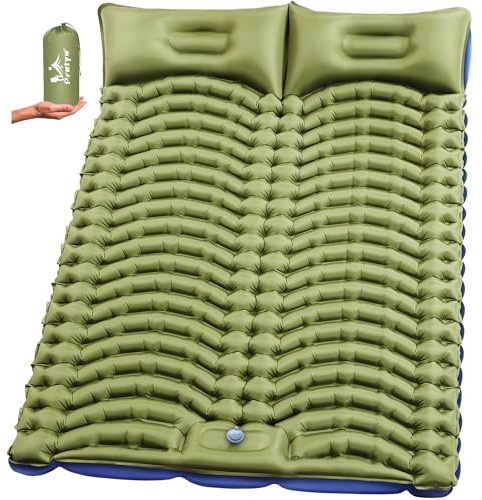 Pretyw Double Sleeping Pad for Camping - Ultralight Camping Mattress with Pillow, Built-in Foot Pump, Compact Inflatable 2-Person Portable Mat for Backpacking, Hiking, Car Traveling, Beach, Tent