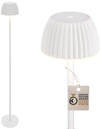 BRILONER - Riffle LED Stehlampe kabellos IP44 mit Touch, dimmbar, Memoryfunktion, Akku tauschbar, Akku Stehleuchte, Leselampe, Wohnzimmerlampe, German Design Award Winner 2025, 19x124 cm, Weiß