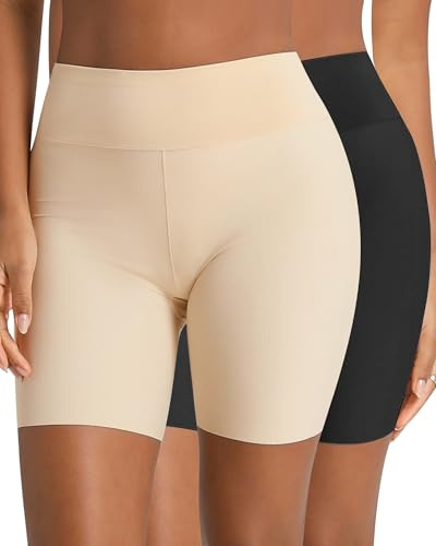 AugYew 2 Pack Cooling Women Slip Biker Shorts for Under Dresses - Anti Chafing No Show Mid Thigh Safety Boyshort Briefs Panties,Black,Nude,S
