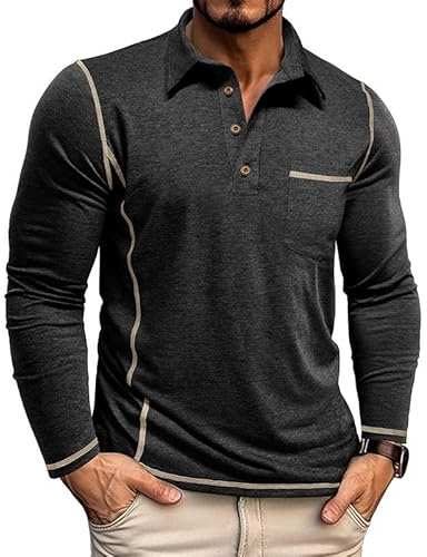 Volemo Mens Long Sleeve Polo Shirts Casual Cotton Polo T-Shirts with Pocket Golf Tops Black 3XL