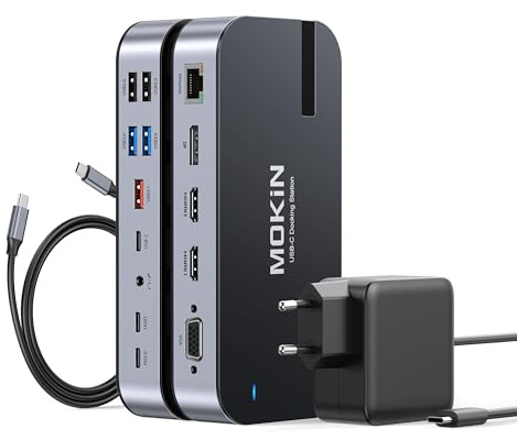 MOKiN Station d'accueil USB C Double Moniteur avec Adaptateur 65W,15-en-1 PC Portable 4 Écrans Dock USB C avec 2 HDMI DisplayPort, VGA, 6 Ports Type-C/A, RJ45, PD 100W, Audio, SD/microSD pour Dell/HP