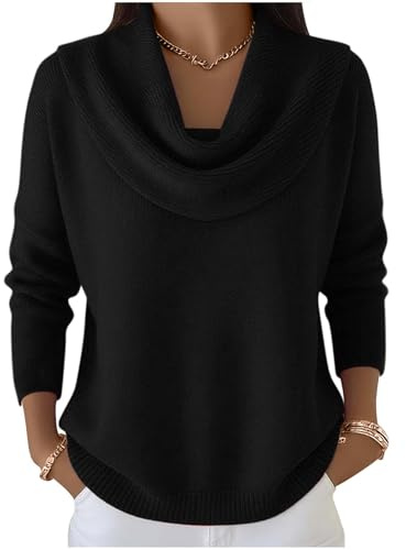 HUIFUAO Cowl Neck Jumpers for Women UK Dressy Sweaters Elegant Knitwear Autumn and Winter Warm Comfy Soft Long Sleeve Pullover Novelty Party Evening Going Out Blouses (Z01-Black, M)