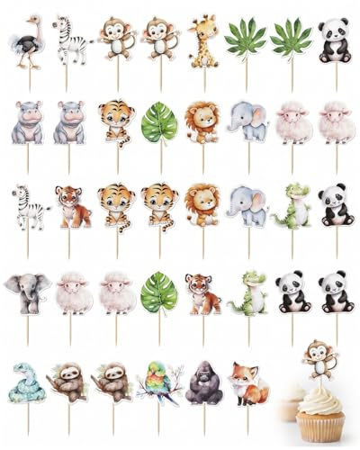 QEDBOJE Decorazioni Torta Compleanno Animali Giungla, 40 Topper Cupcake Safari 20 Design assortiti per Feste Bambini, Baby Shower e Muffin